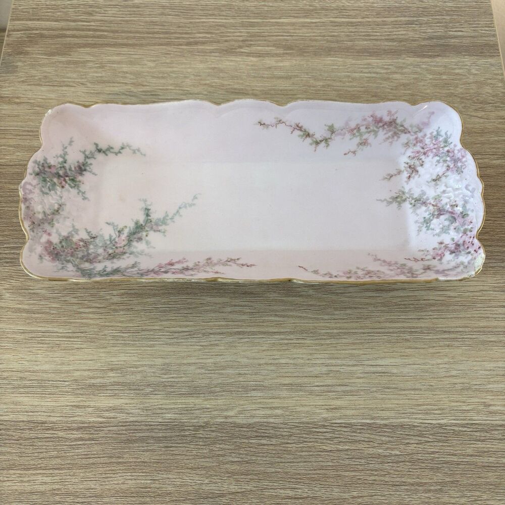 Antique CFH GDM Limoges France Hand Painted Pink Floral Porcelain Vanity Tray
